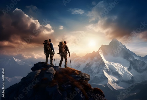 Two people climbing together, looking at the Landscape, on the top of a Mountain, representing Success, Achievement and Accomplishment - Overcoming problems and difficult times