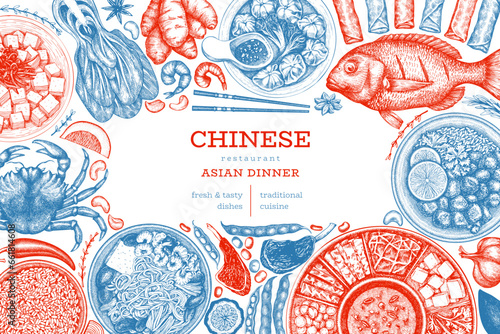 Chinese Cuisine Design Template. Vector Hand Drawn Asian Food Banner. Vintage Style Menu Illustration.