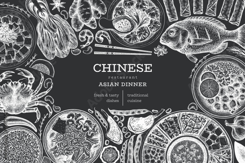 Chinese Cuisine Chalk Board Design Template. Vector Hand Drawn Asian Food Banner. Vintage Style Menu Chalk Illustration.