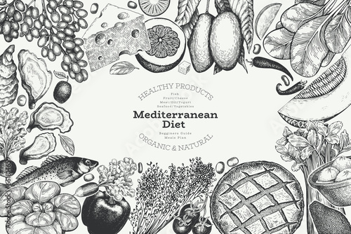 Mediterranean Cuisine Design Template. Vector Hand Drawn Healthy Food Banner. Vintage Style Menu Illustration.