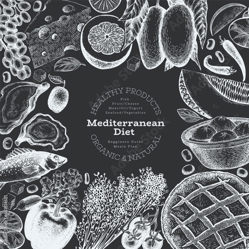 Mediterranean Cuisine Chalk Board Design Template. Vector Hand Drawn Healthy Food Banner. Vintage Style Menu Illustration.