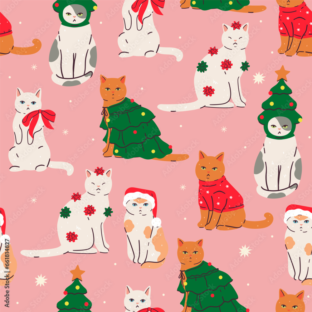 Seamless pattern with cats in Christmas clothes. Vector graphics.