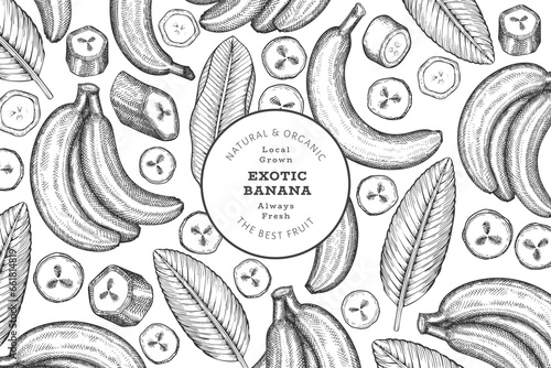 Hand drawn sketch style banana banner. Organic fresh fruit vector illustration. Retro exotic fruit design template