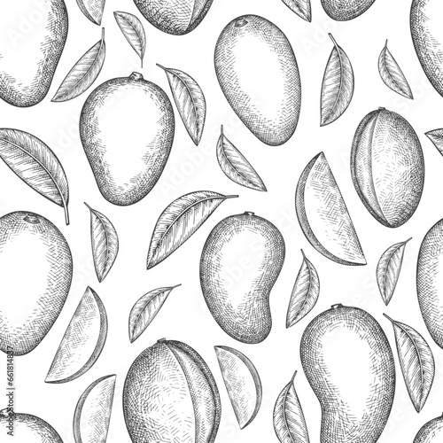 Hand drawn sketch style mango seamless pattern. Organic fresh fruit vector illustration. Retro mango fruit background.
