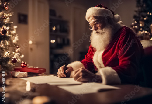 Babbo Natale mentre legge la lista dei desideri di un bambino II photo