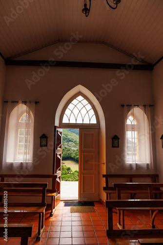 Interior of church, big windows, Azores islands.