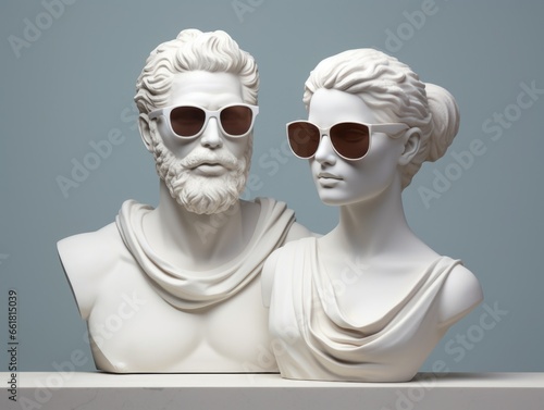 Two ancient greek bust of man and woman, wear sunglasses