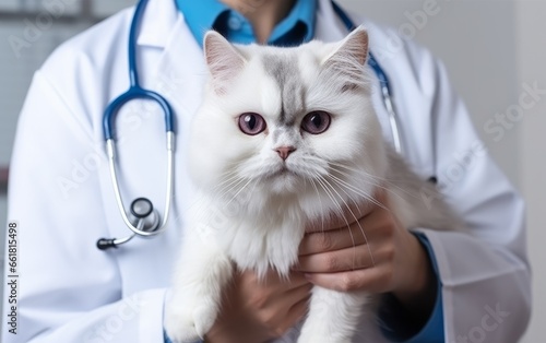 Precioso gato junto a un doctor de la clinica veterinaria. Concepto. Bienestar animal. 