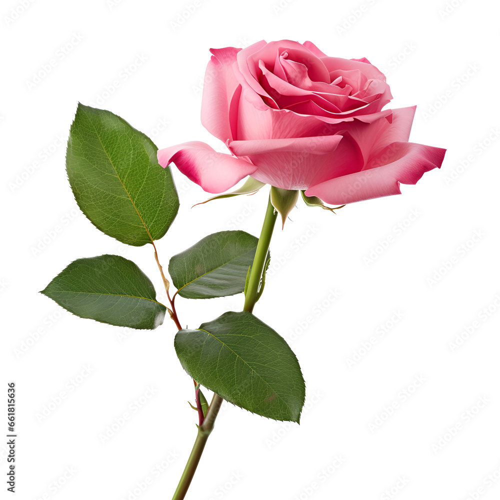 Obraz premium pink rose isolated on white background rose, flower, red, isolated, love, nature, white, single, pink, valentine, leaf, stem, romance, 