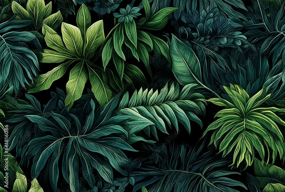Seamless exotic plants leaves pattern in the style of 2D illustration - obrazy, fototapety, plakaty 