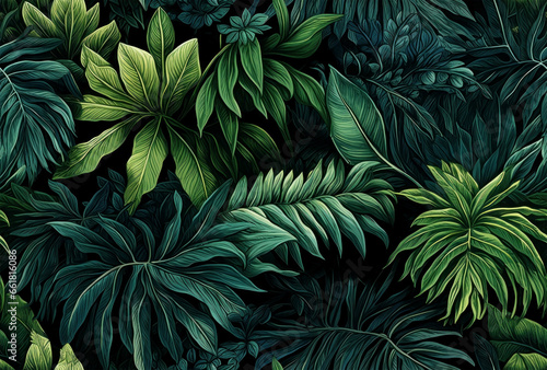 Seamless exotic plants leaves pattern in the style of 2D illustration
