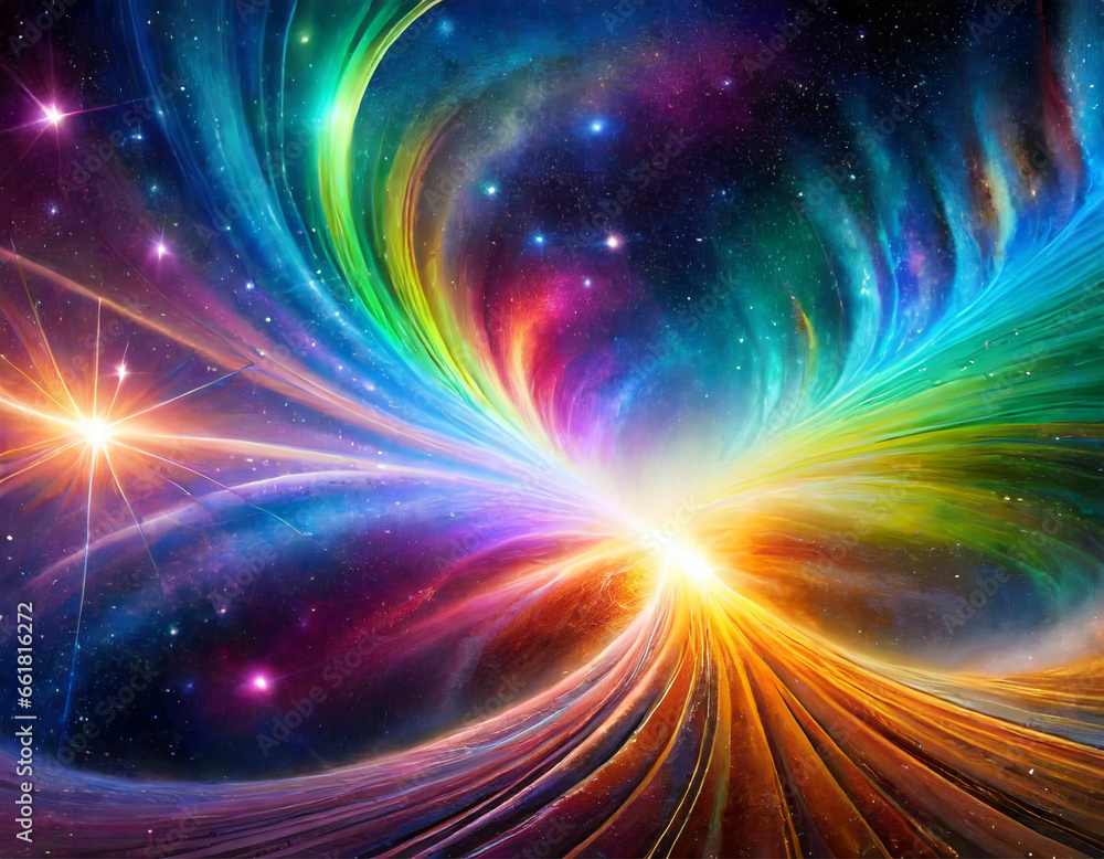 Leuchtende Nebel in Spiralform inmitten einer Galaxie.. Spiralförmig in Regenbogenfarben.