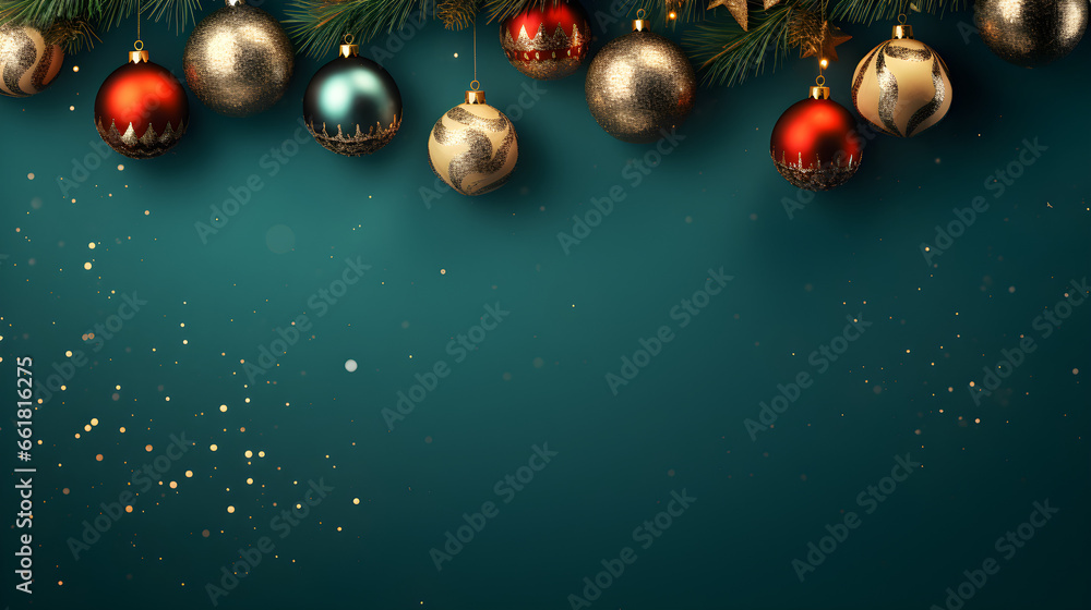 Festive Christmas branches and decorations on vibrant green background Festive Christmas branches and decorations on vibrant green background