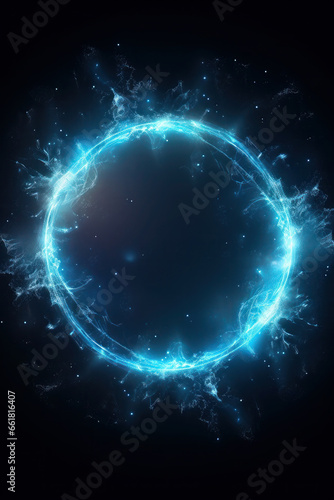 abstract neon circle in the clouds, on a dark background. geometric figure glows at night in the black sky.