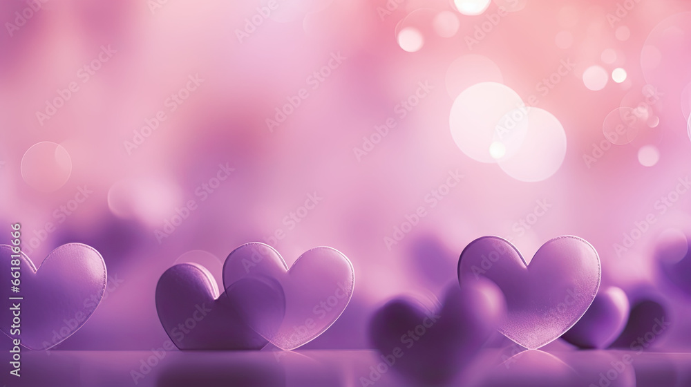 purple  bokeh background with hearts, Valentine's day banner, copy space 