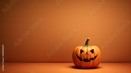 A Halloween pumpkin on a brown background.