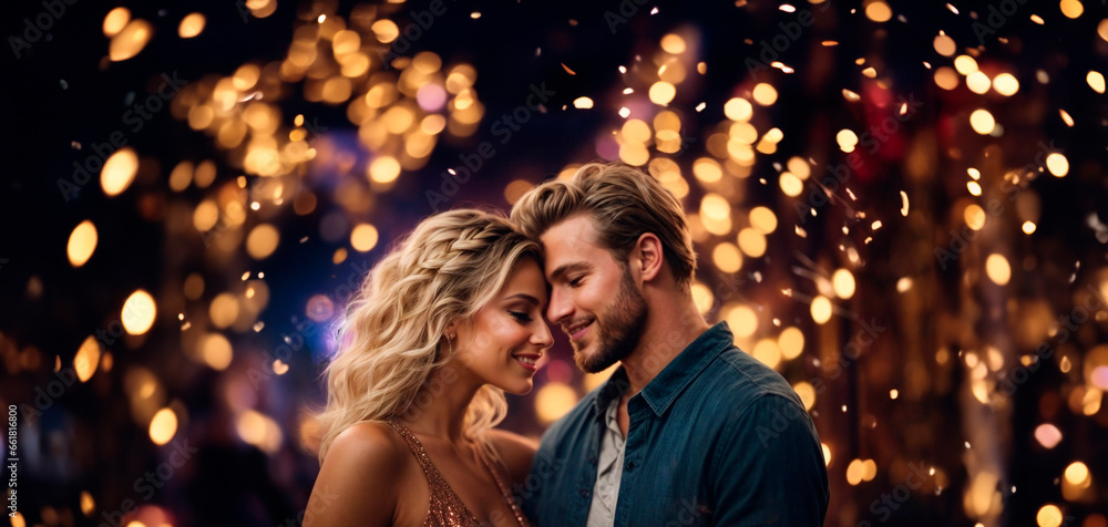 Blonde caucasian model couple, happy smiling man and woman in love, golden bokeh background, outdoors at night. Concept of party, disco, new year, dinner, desire, christmas, bridal, celebration, night Blonde caucasian model couple, happy smiling man and woman in love, golden bokeh background, outdoors at night. Concept of party, disco, new year, dinner, desire, christmas, bridal, celebration, night