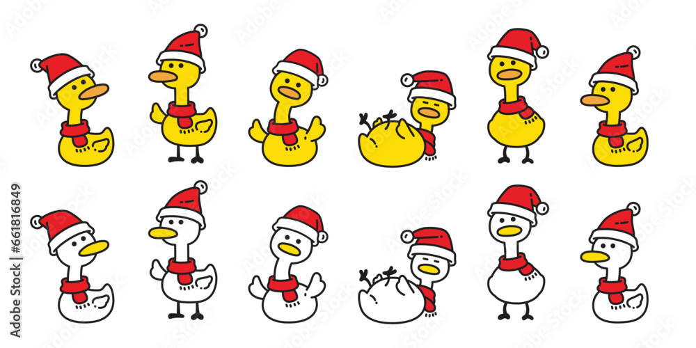 duck christmas vector santa claus hat icon red scarf logo cartoon character yellow rubber duck bird chicken symbol doodle isolated illustration design