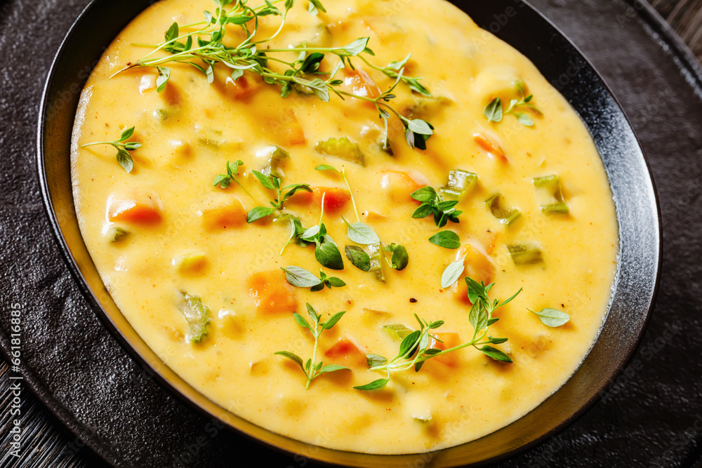 Beer cheese soup with vegetables and thyme Beer cheese soup with vegetables and thyme
