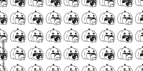 Fototapeta Naklejka Na Ścianę i Meble -  dog seamless pattern french bulldog Halloween pumpkin puppy sleeping vector doodle pet cartoon character tile background gift wrapping paper repeat wallpaper scarf isolated