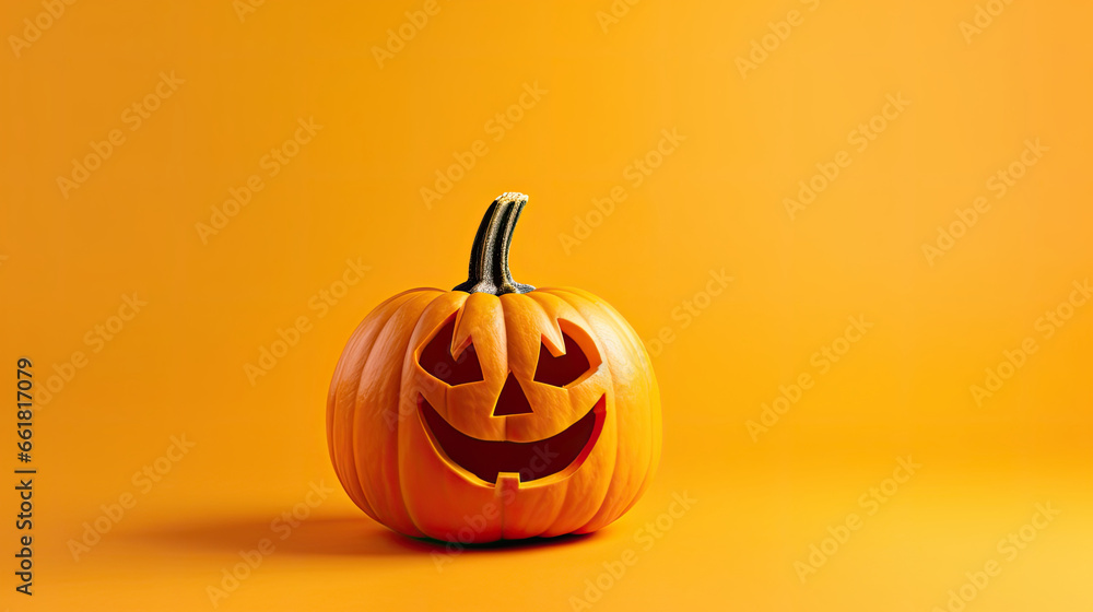 A Halloween pumpkin on a dark yellow background.
