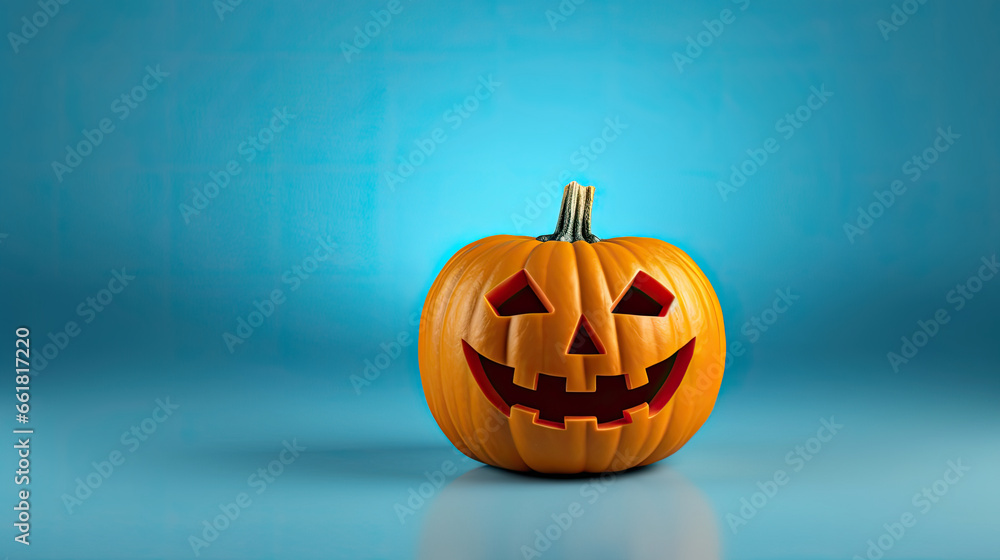 A Halloween pumpkin on a light blue background. A Halloween pumpkin on a light blue background.
