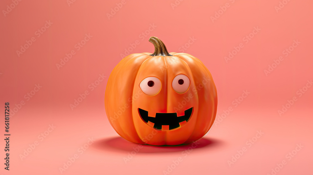A Halloween pumpkin on a light pink background.