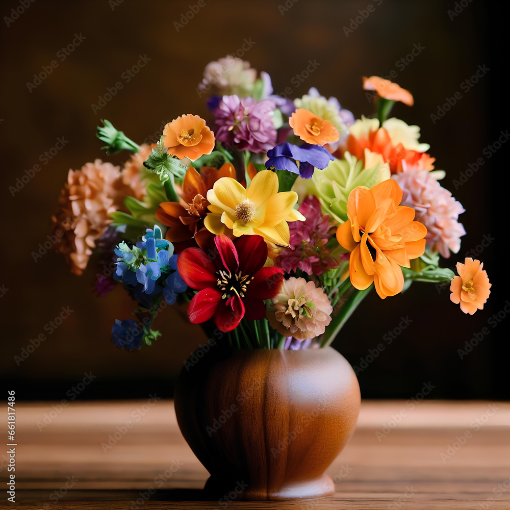A bouquet of colorful spring flowers in a vase on a wooden table, floral bloom, illustration, generative ai