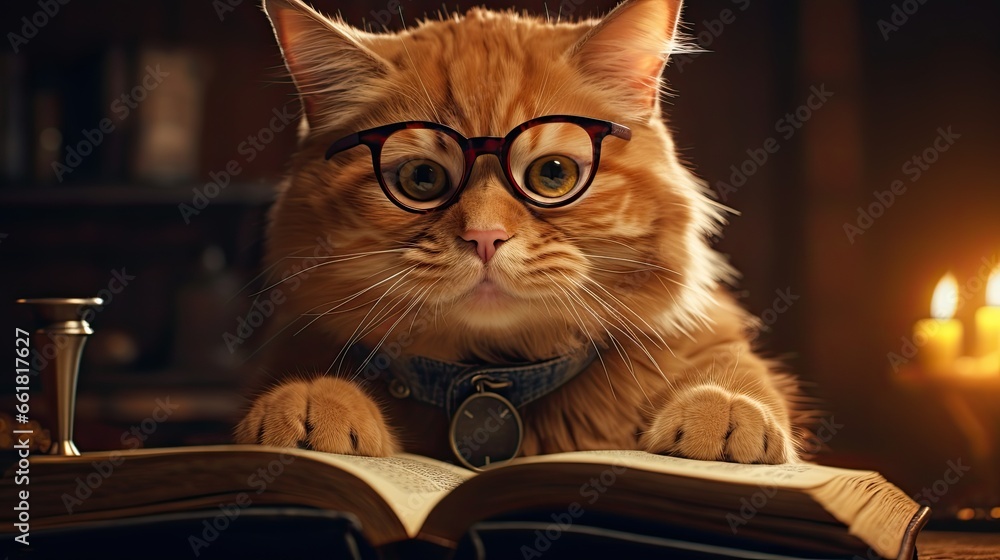 Cute orange cat wearing glasses reading a book Cute orange cat wearing glasses reading a book