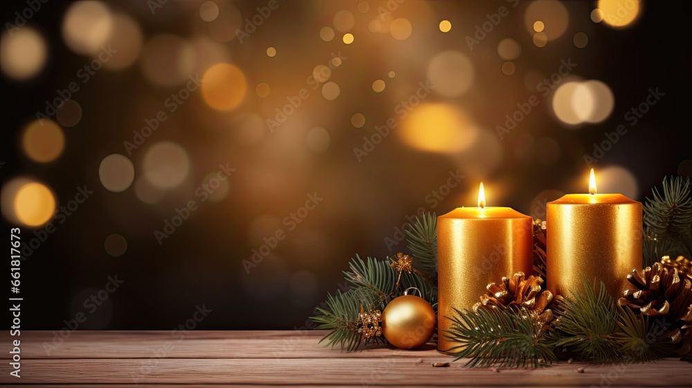 Romantic golden candles on wooden table with blurred sparkling bokeh background. Christmas lights with copy space.