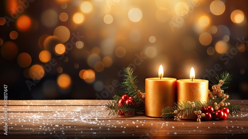 Romantic golden candles on wooden table with blurred sparkling bokeh background. Christmas lights with copy space.