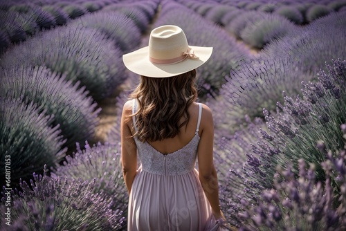 Woman walking in lavender field. Generative AI.