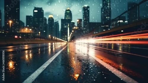 low angle view of a highway with city lights in the background,cold weather, created by Generative Ai technology. © Viktor