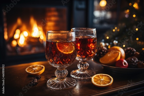 Two glasses of mulled wine against the background of a fireplace and a Christmas tree