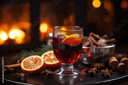 A glass of mulled wine, orange slices, cardamom and cinnamon sticks on the table near the fireplace