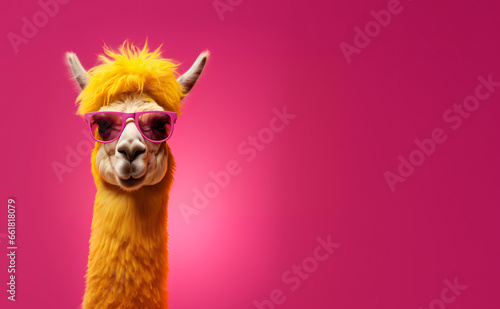 yellow cool llama wearing sunglasses on a magenta background  room for text