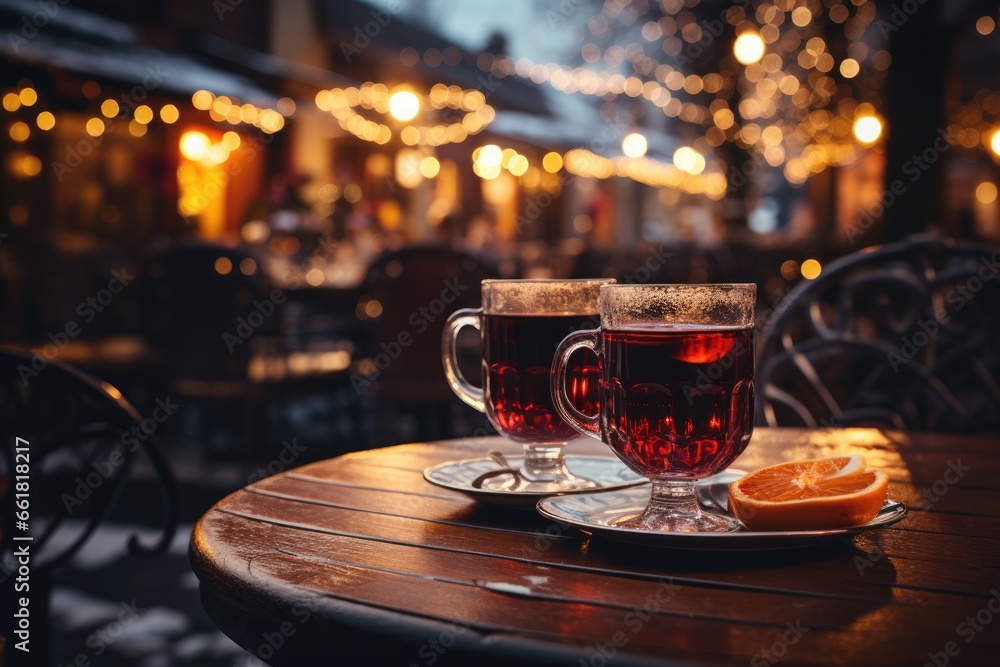 Hot mulled wine on the table of a street cafe decorated with Christmas decorations