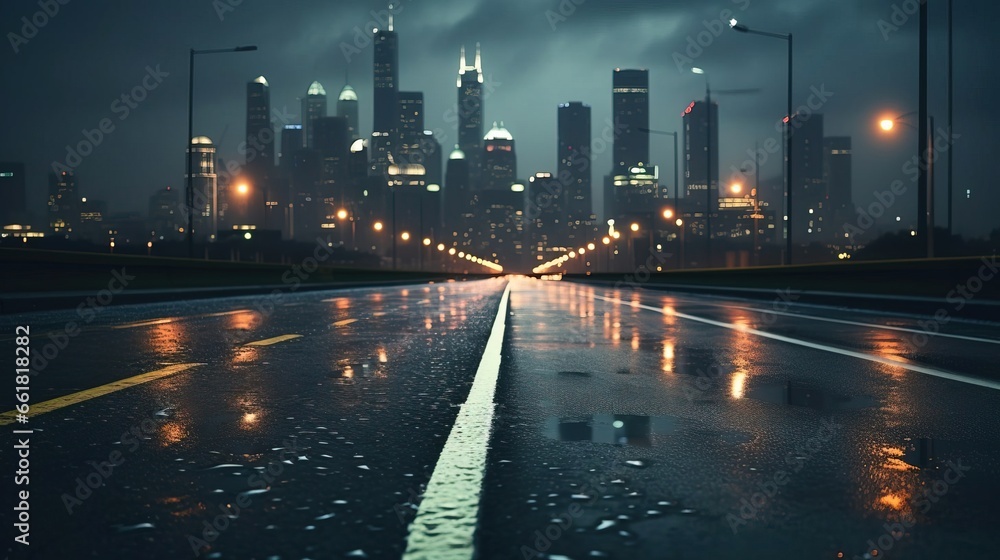 low angle view of a highway with city lights in the background,cold weather, created by Generative Ai technology. low angle view of a highway with city lights in the background,cold weather, created by Generative Ai technology.