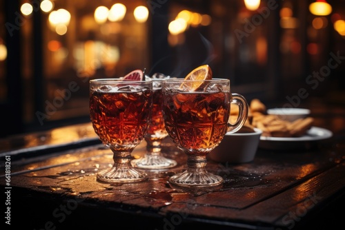Glasses of hot mulled wine with steam on a wooden table of a street cafe at a Christmas market