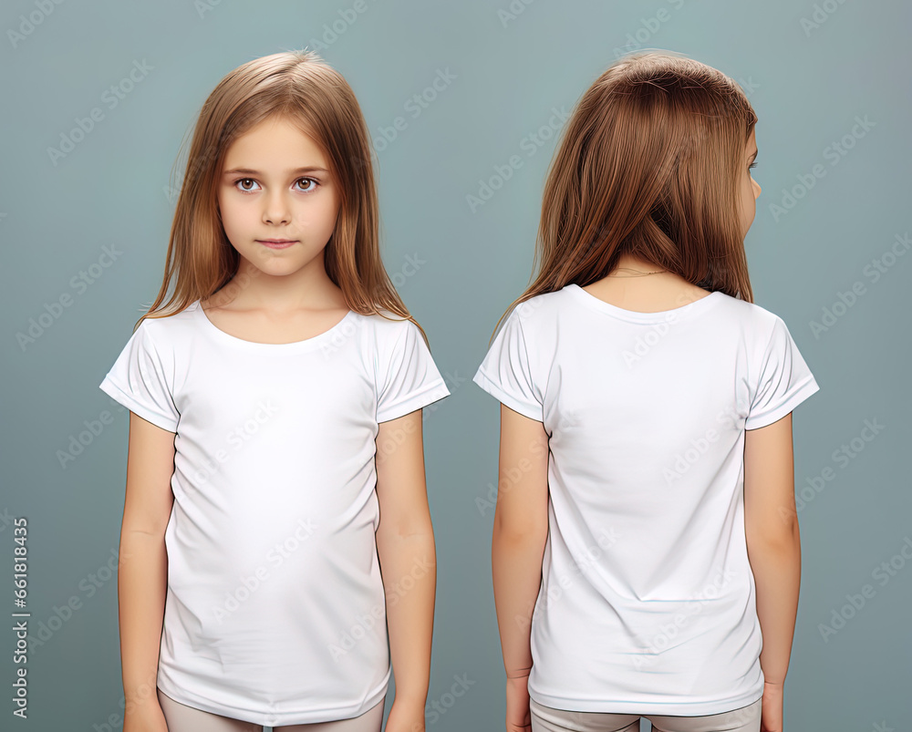 Front and back views of a little girl wearing a white T-shirt Front and back views of a little girl wearing a white T-shirt