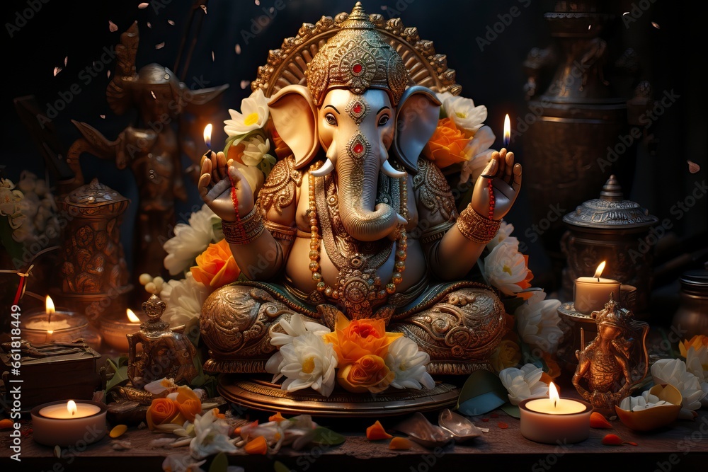The lord Ganesha image with lit candles