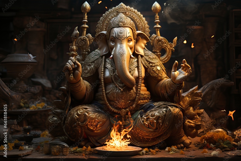 The lord Ganesha image with lit candles
