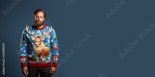 Ugly Christmas Sweater Day. Serious young man in knitted clothes with deer with large horns, blue background, banner, copy space