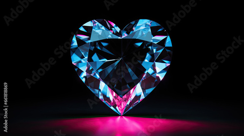 heart shaped  diamond on a black background with pink and turquoise glow 