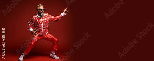Ugly Christmas Sweater Day. Cool old man dancing in red clothes, red background. Banner, copy space for text