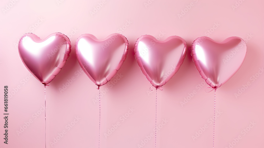 Pink heart shaped helium balloons on pink  background.  Valentine's Day party decoration. Valentines day celebration. Valentine's Day banner, copy space.