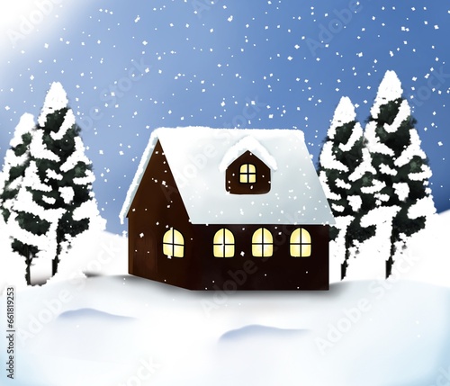 winter christmas house and tree at night  background winter