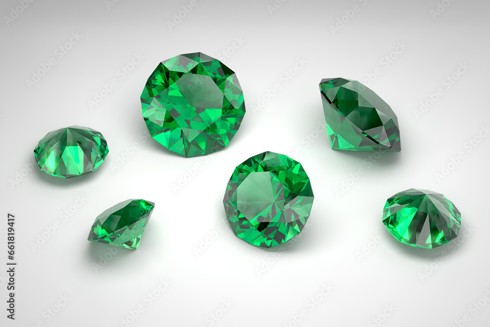 Scattering of emeralds of different sizes on a white background. Exhibition of precious stones. Diamond cut. 3d rendering. Scattering of emeralds of different sizes on a white background. Exhibition of precious stones. Diamond cut. 3d rendering.