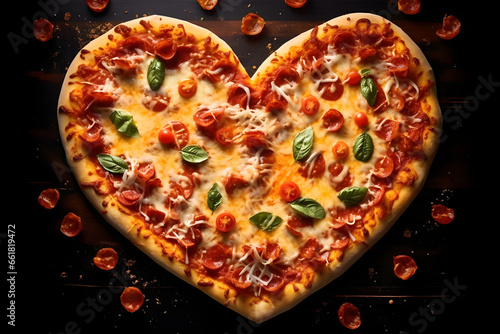 Heart shape pepperoni pizza with fresh basil on dark wooden background, top view. Romantic meal for date or Saint Valentines Day