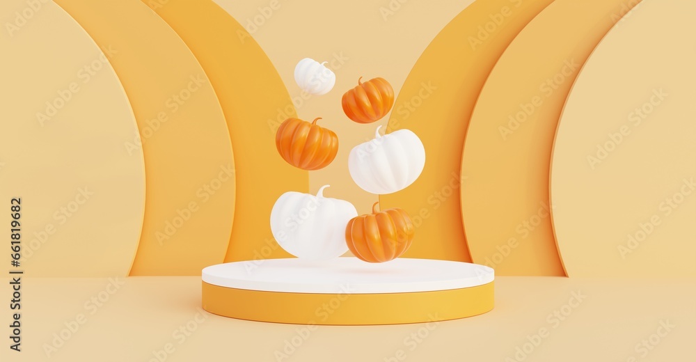 Podium and pumpkins suitable for promotion and sales during the Halloween holiday. 3D illustration